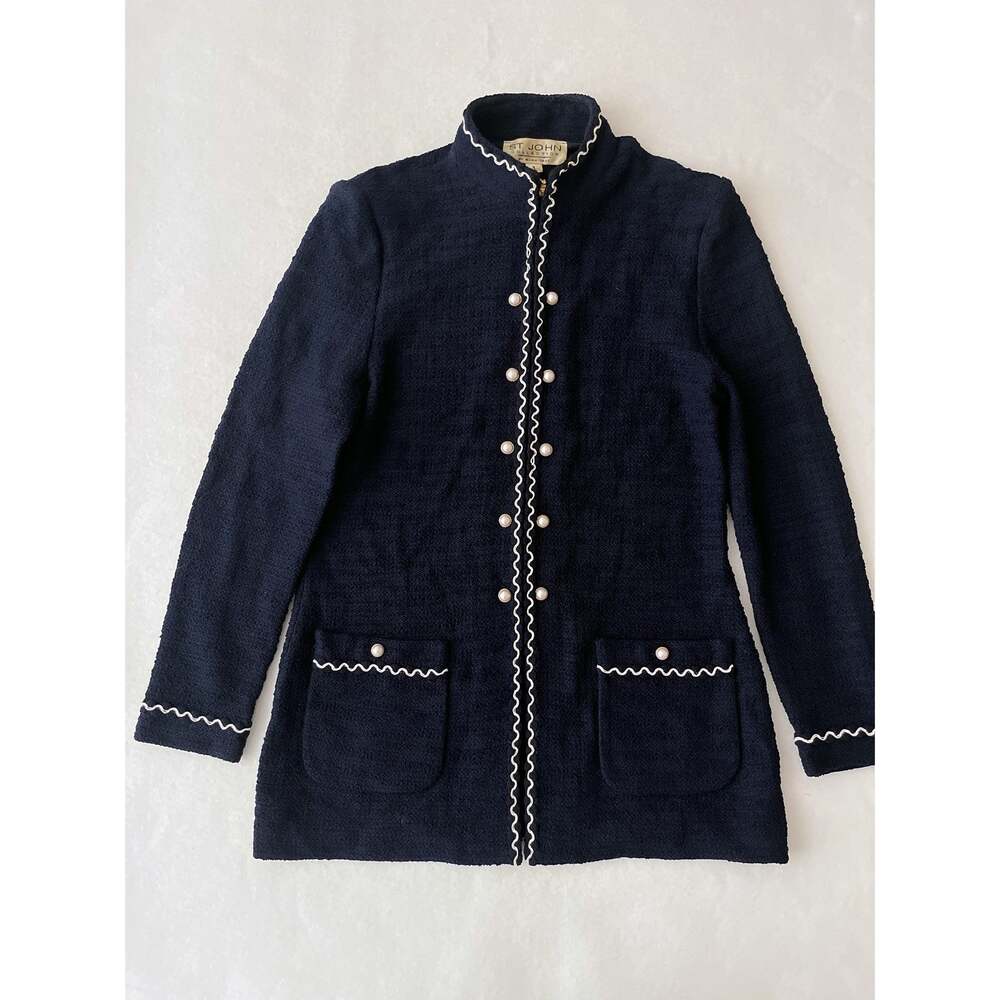 St. John Collection Cardigan Sweater Women 6 Navy Mock Neck Pearl Trim Pockets